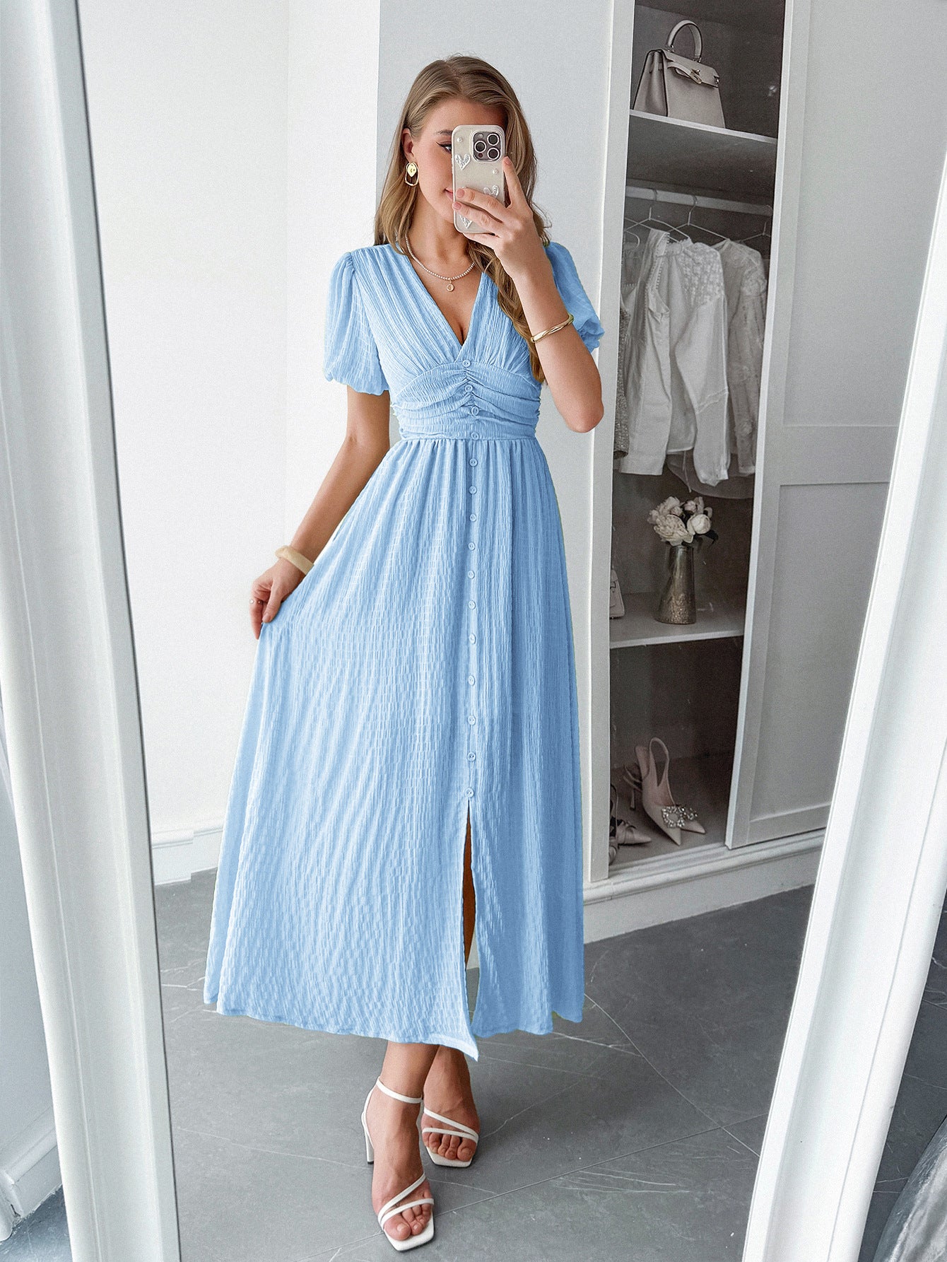 Spring/Summer Women's Chic Holidays Deep-V Short-Sleeve Long Dress 6