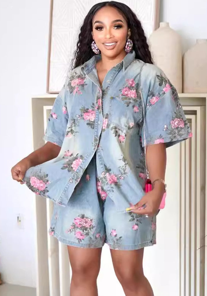Women Denim Floral Shirt and Shorts Two-Piece Set