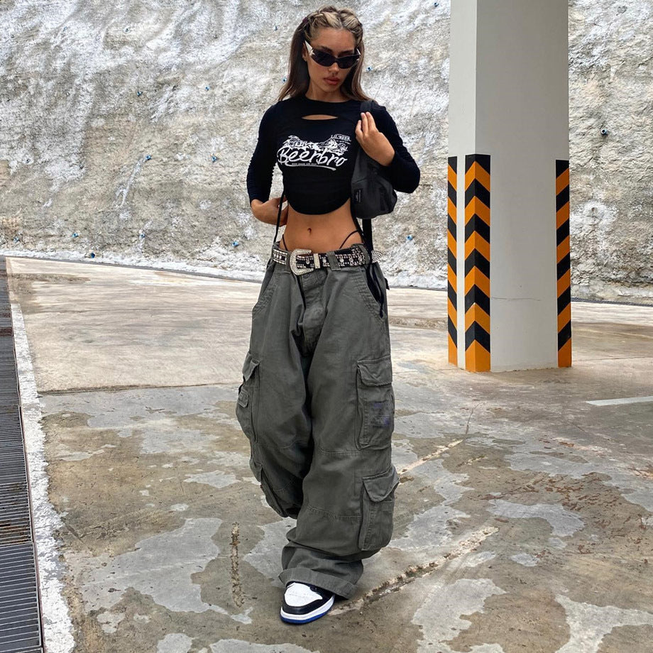 Autumn And Winter Women's Low Waist Loose Wide Leg Cargo Pants 4