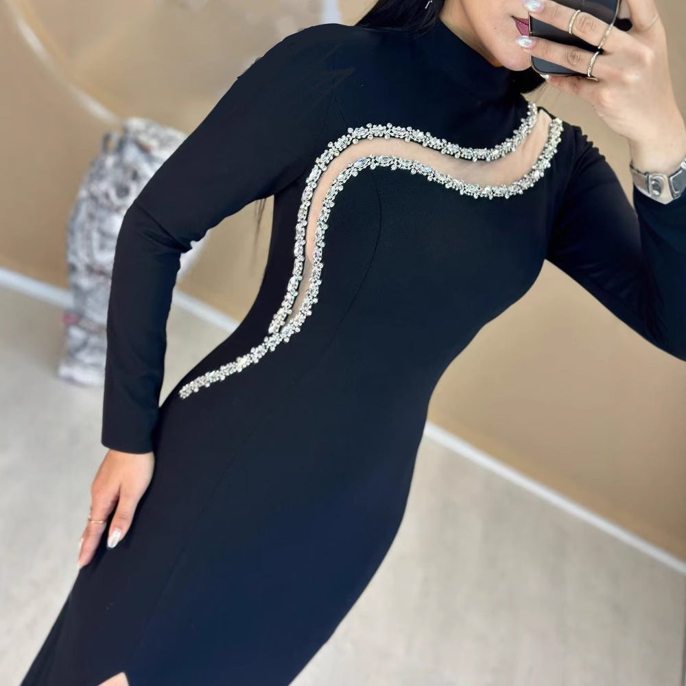 Women Black Elegant Mesh Diamond Split Dinner Long Sleeve Bandage Dress 5
