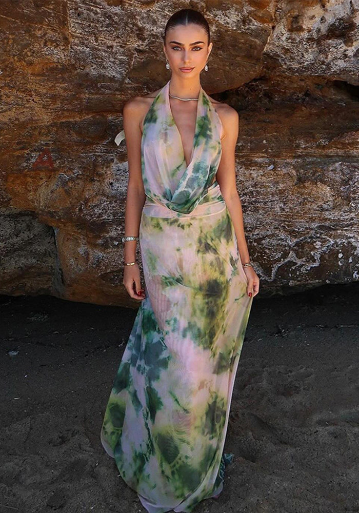 Spring Summer Women's Clothing Print Halter V Neck Backless Vest Long Skirt Two Piece Set