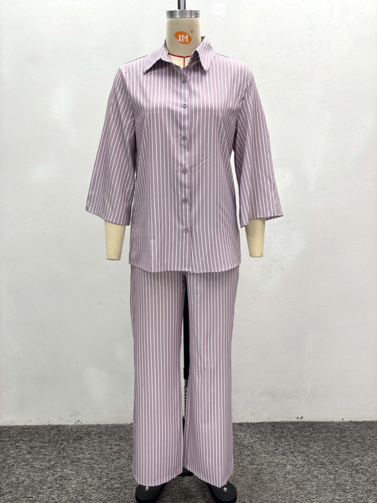 Plus-size African Women casual turndown collar striped shirt and wide-leg pants two-piece set 6