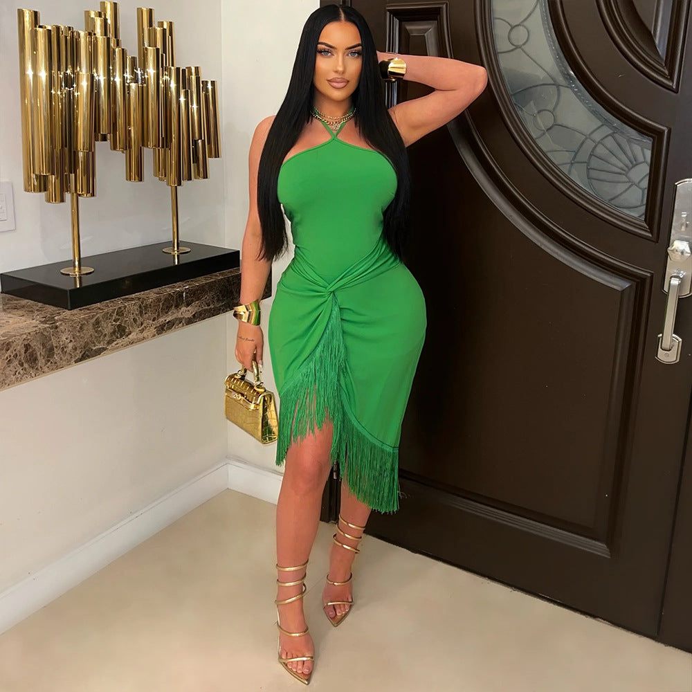 Women's Summer Sleeveless Halter neck Tassel Long Irregular Dress 5