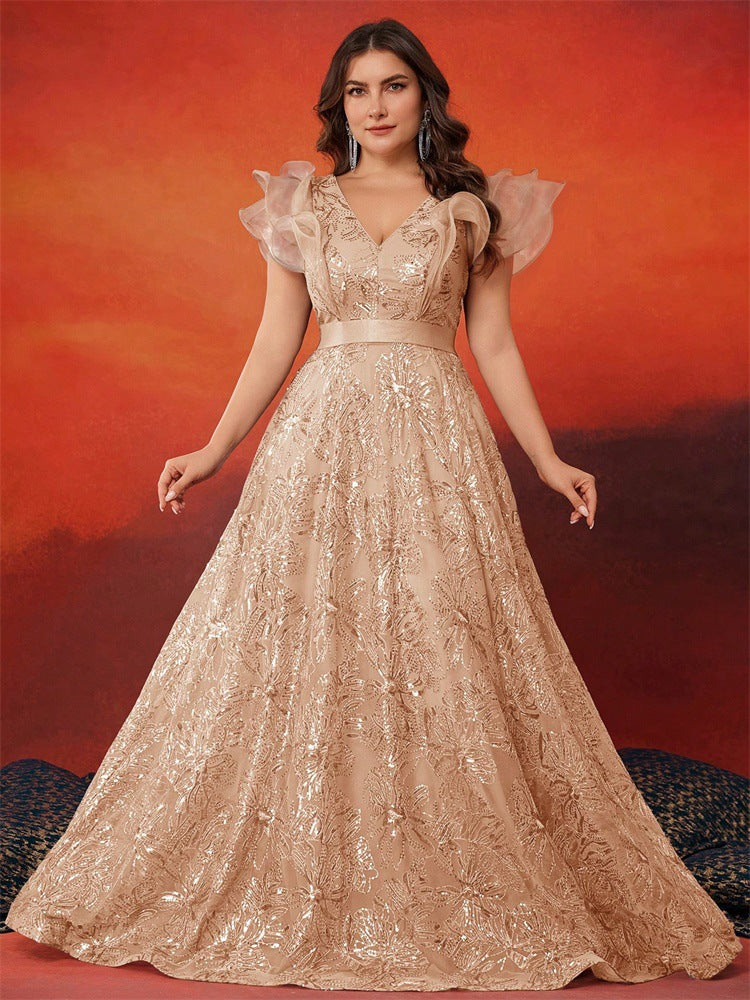 Plus Size Women Elegant Sequin Patchwork V Neck Ruffle Party Cocktail Dinner Evening Dress 7