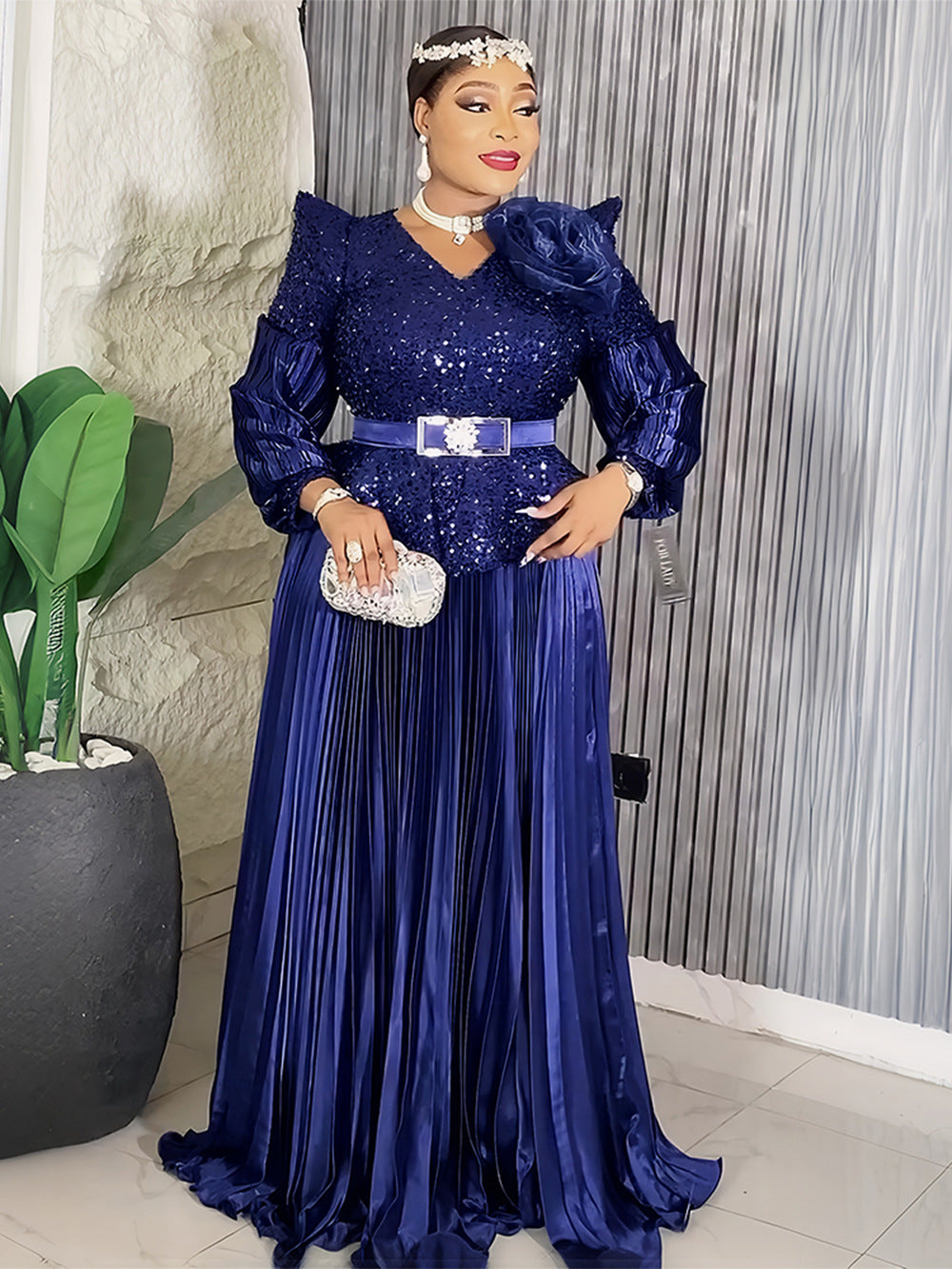Sequin V-Neck Fashion Plus Size Dubai Elegant Long Gown 8