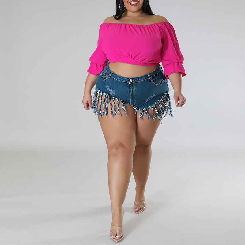 Plus Size Women's Denim Fringed Shorts 3