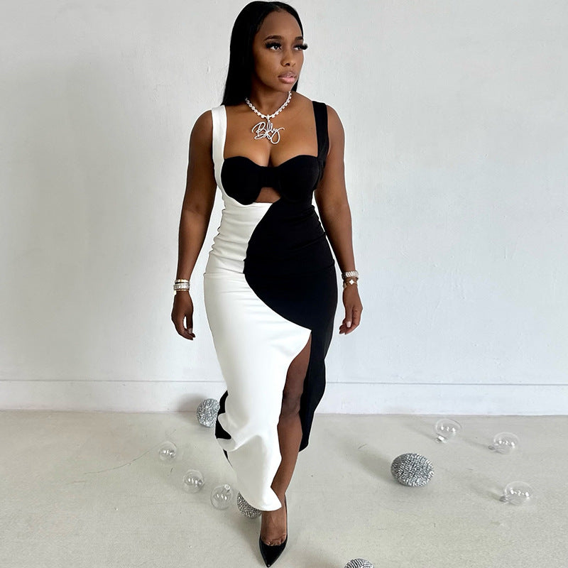 Fashionable women's clothing black and white color matching Low Back strap sleeveless slit long dress 3