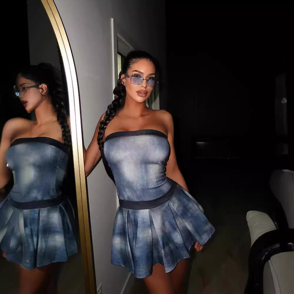 Summer Women tie-dye print Strapless Dress 3