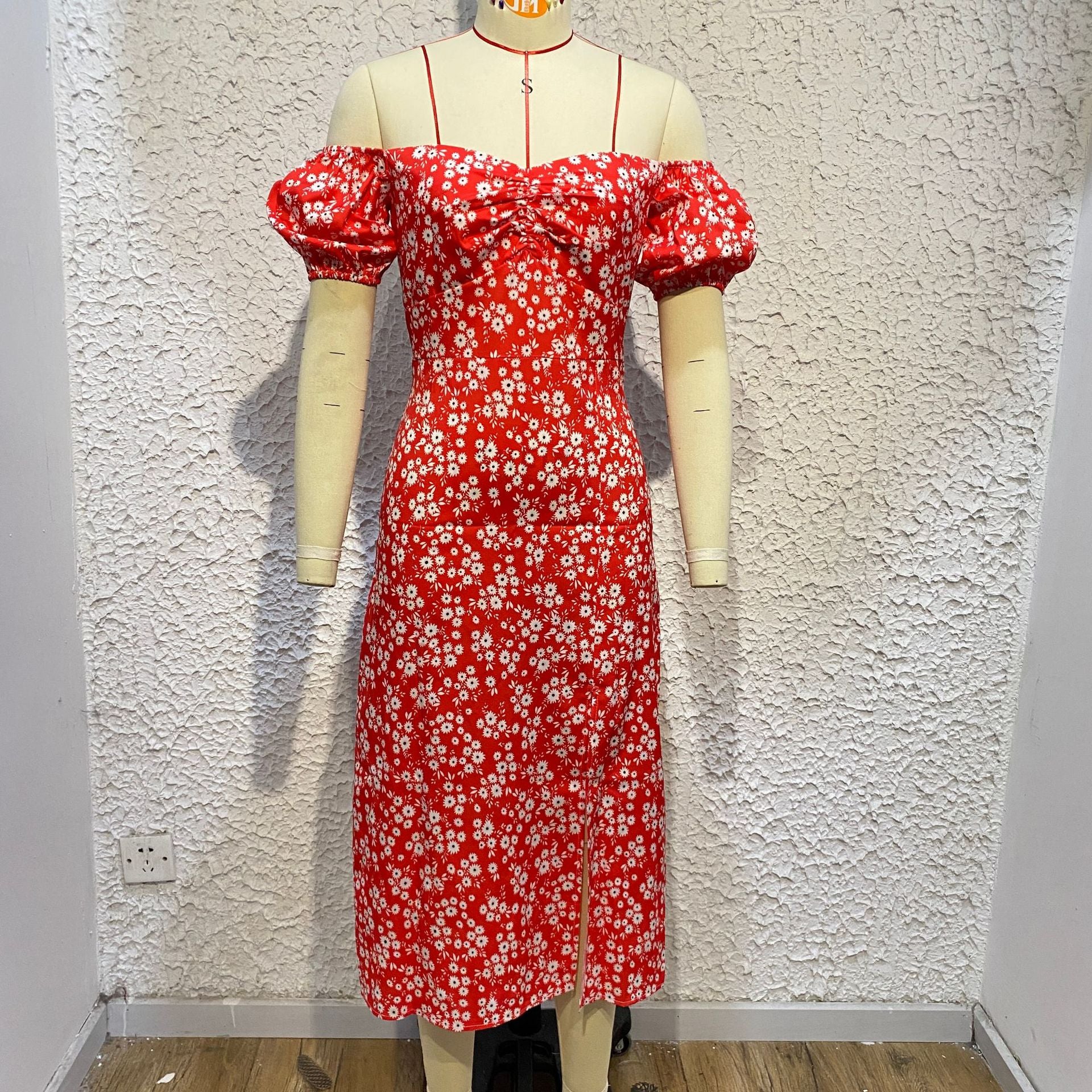 Women'S Off Shoulder Dress Classic Floral Elegant Slim Fit Slit Dress 19