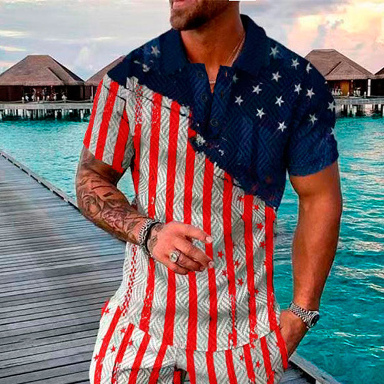 Men's Summer Fashion Casual 3D Printed Polo Shirt Turndown Collar Casual Short Sleeve 24