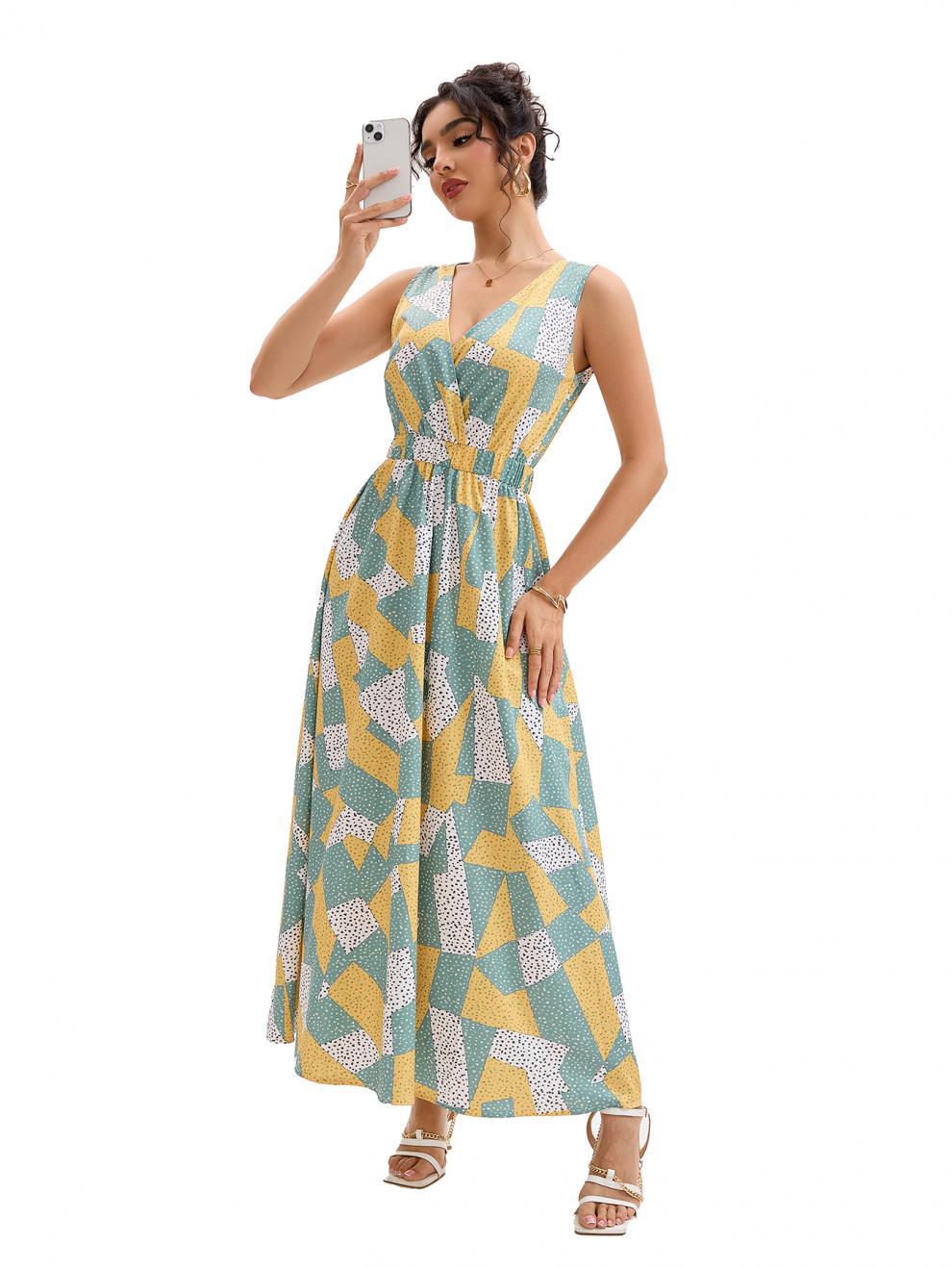 Geometric Print V-Neck Slim Waist Casual Maxi Dress