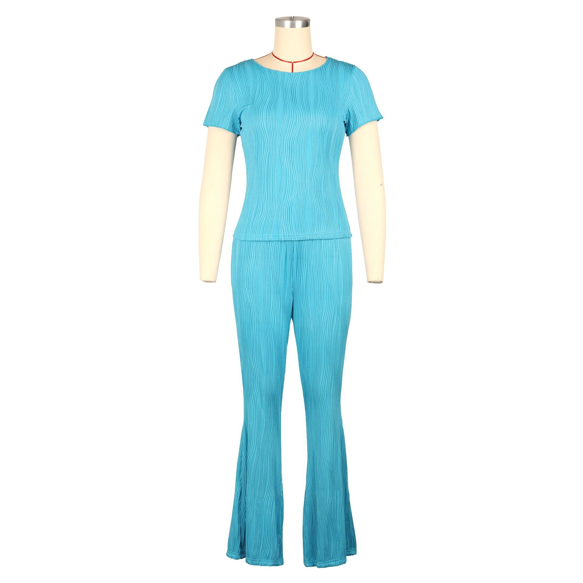 Women Casual Ribbed Summer Short Sleeve Top and Pants Two-Piece Set 15