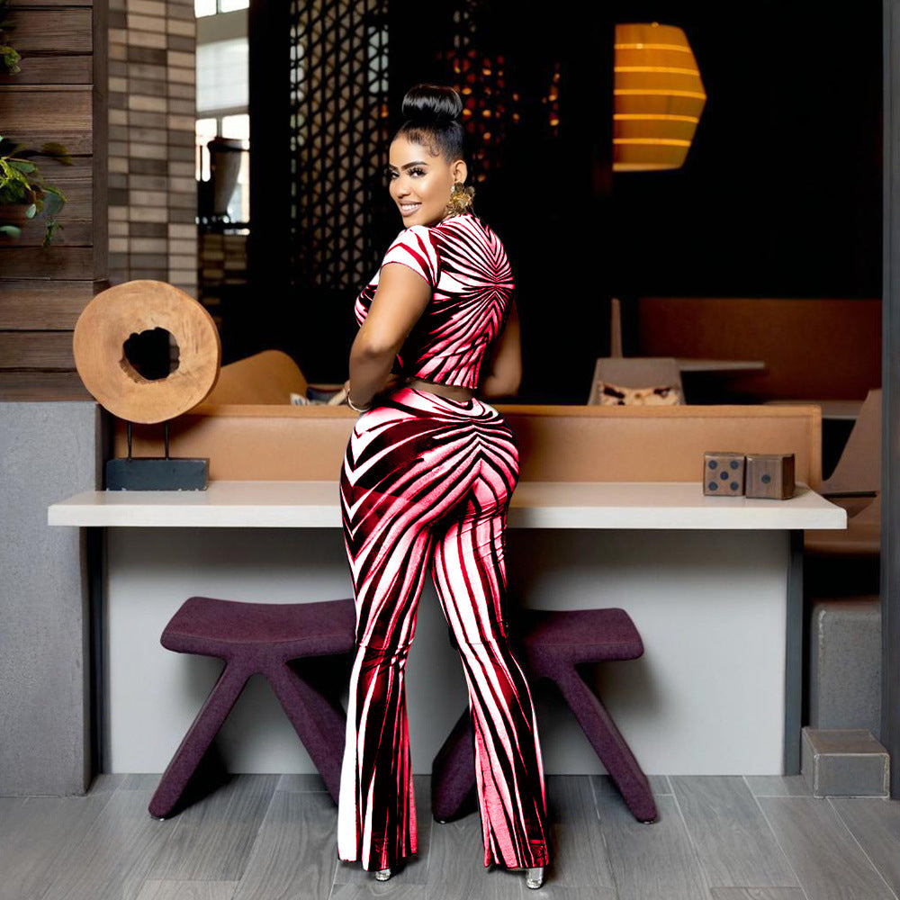 Street Stripe Print See-Through Mesh Short Sleeve Crop Top Slim Pants Two-Piece Set