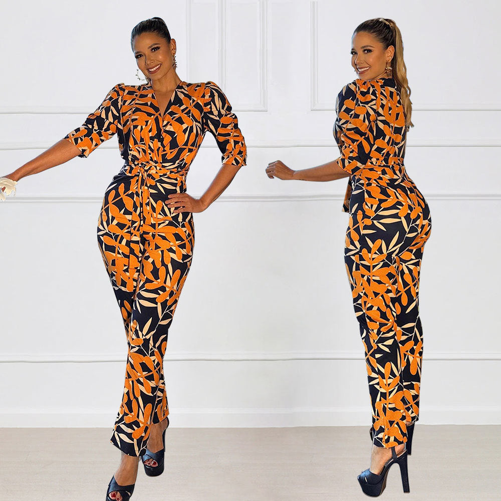 Women V Neck Puff Sleeve Chic Tie Casual Jumpsuit