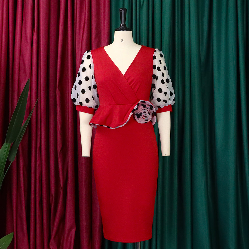 Plus Size Women'S Fashion Dot Mesh Patchwork V Neck Chic Career Bodycon Dress 16