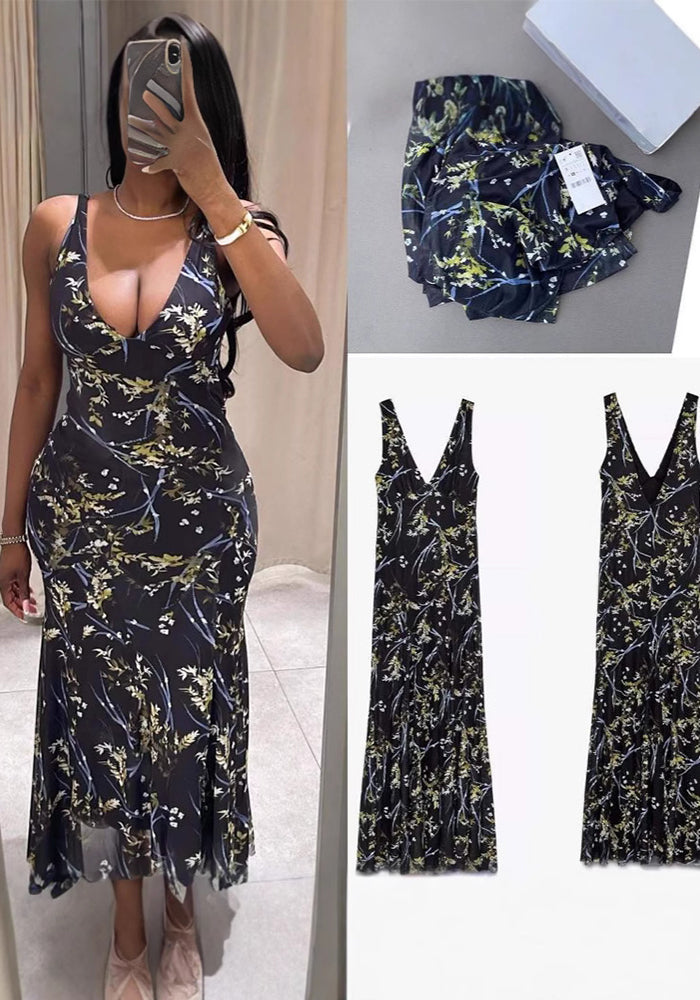 Spring Women's Sexy V-Neck Strappy Floral Print Dress