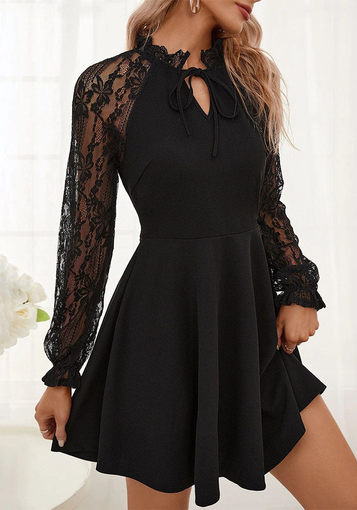 Autumn Winter Elegant Women's Solid Contrast Lace Long Sleeve Casual Dress