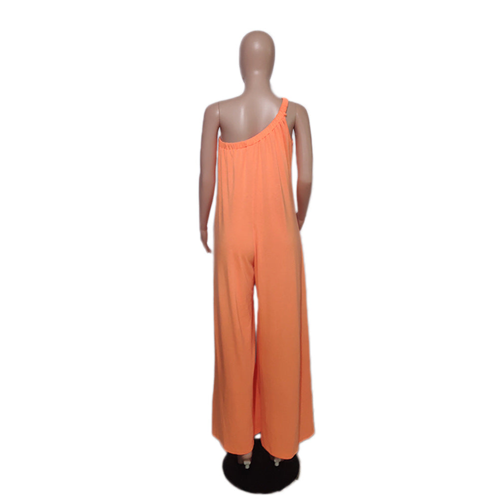 Women Solid Color Slash Shoulder Loose Jumpsuit 14