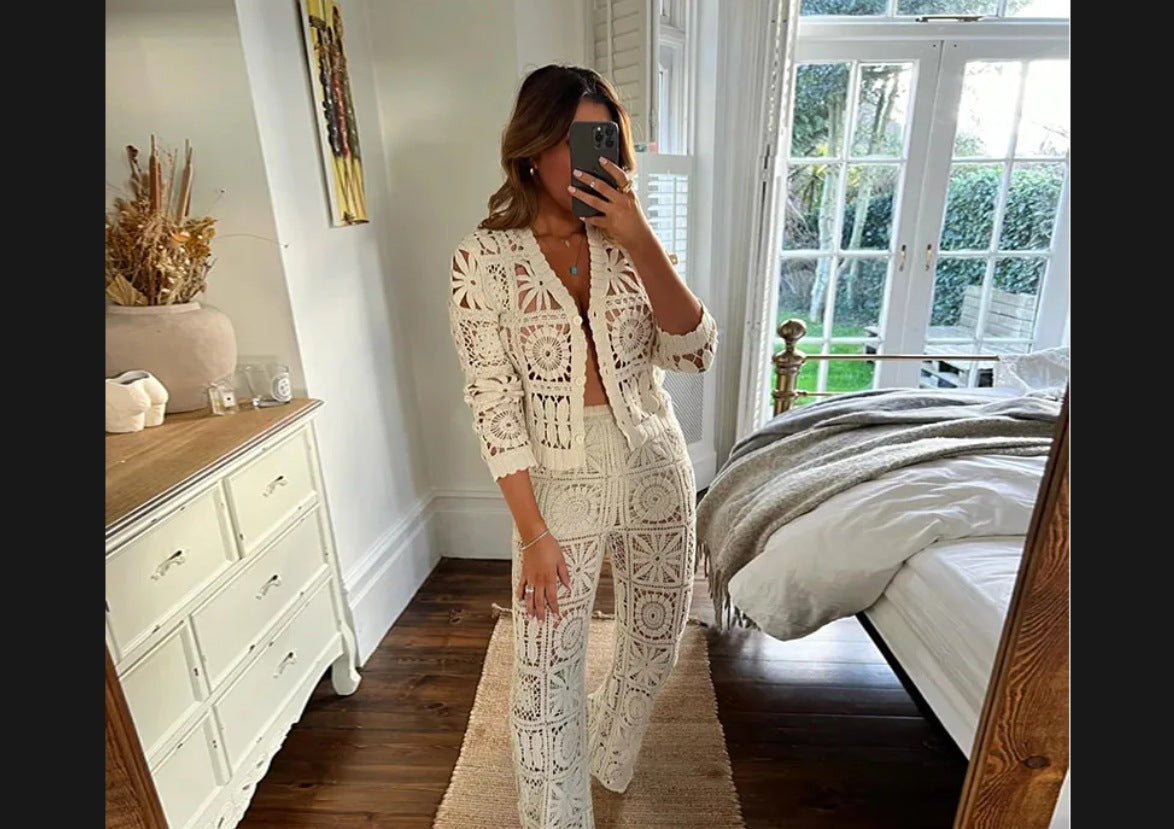 Women knitting hollow Top and Pants Two Piece Set 7