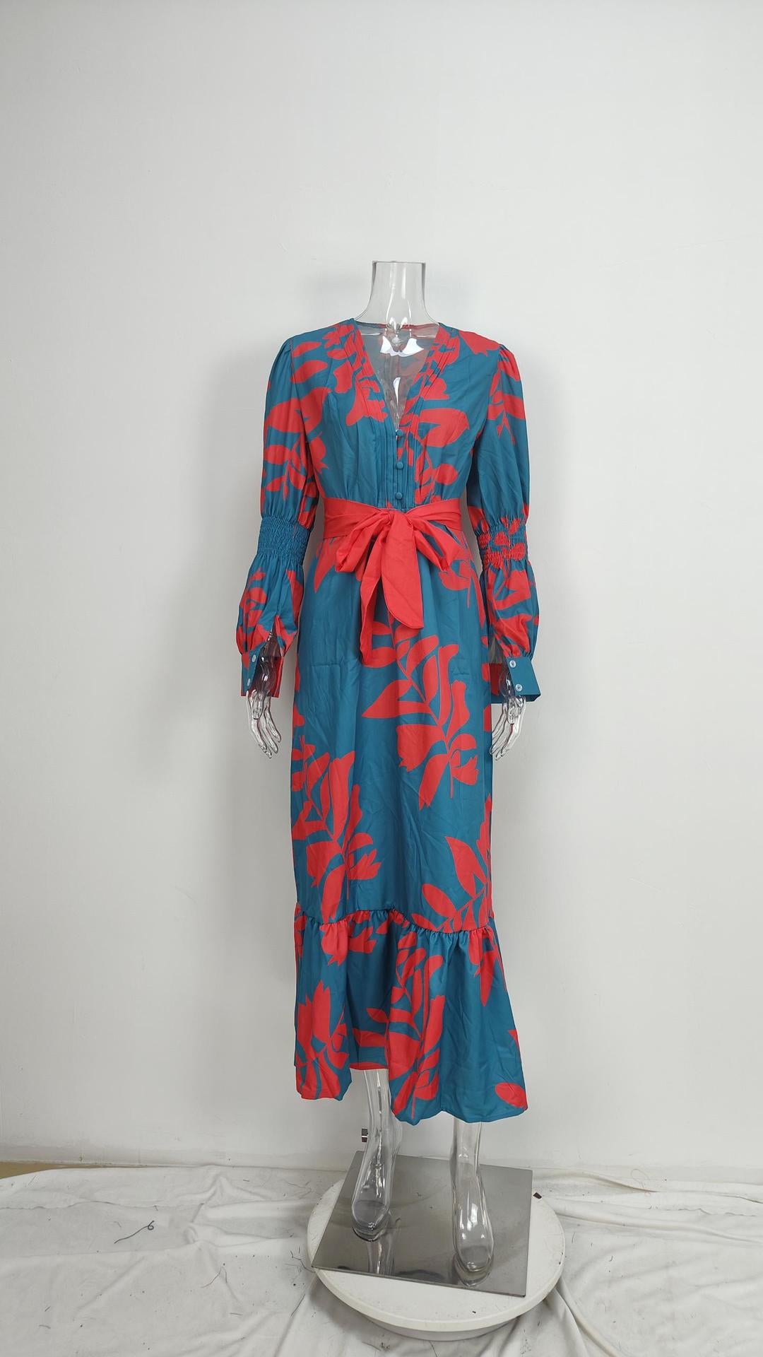 Women button V neck elegant print lace dress 5