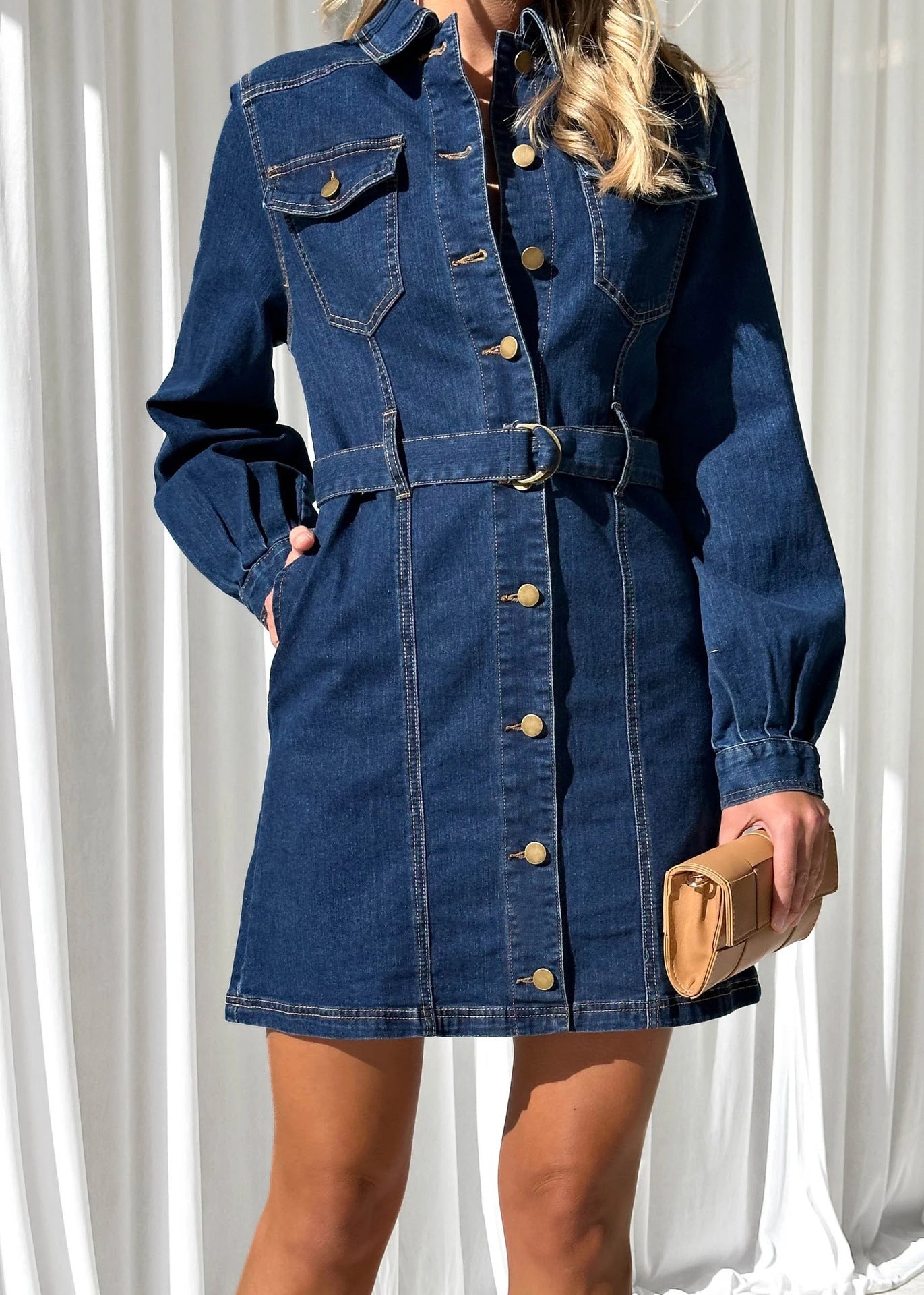 Fashionable Casual Button Tie Slim Fit Long Sleeve Denim Dress For Women 4