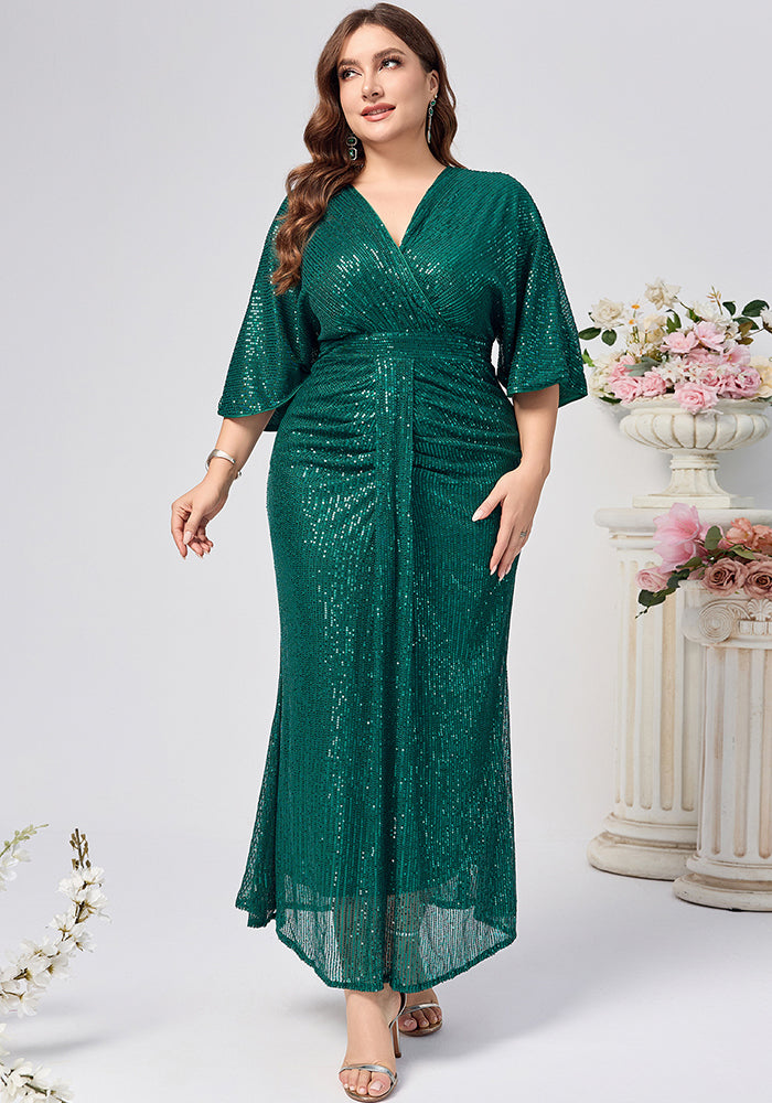 Plus Size Women Sequin Solid v-neck sequin sleeve Formal Party Dress