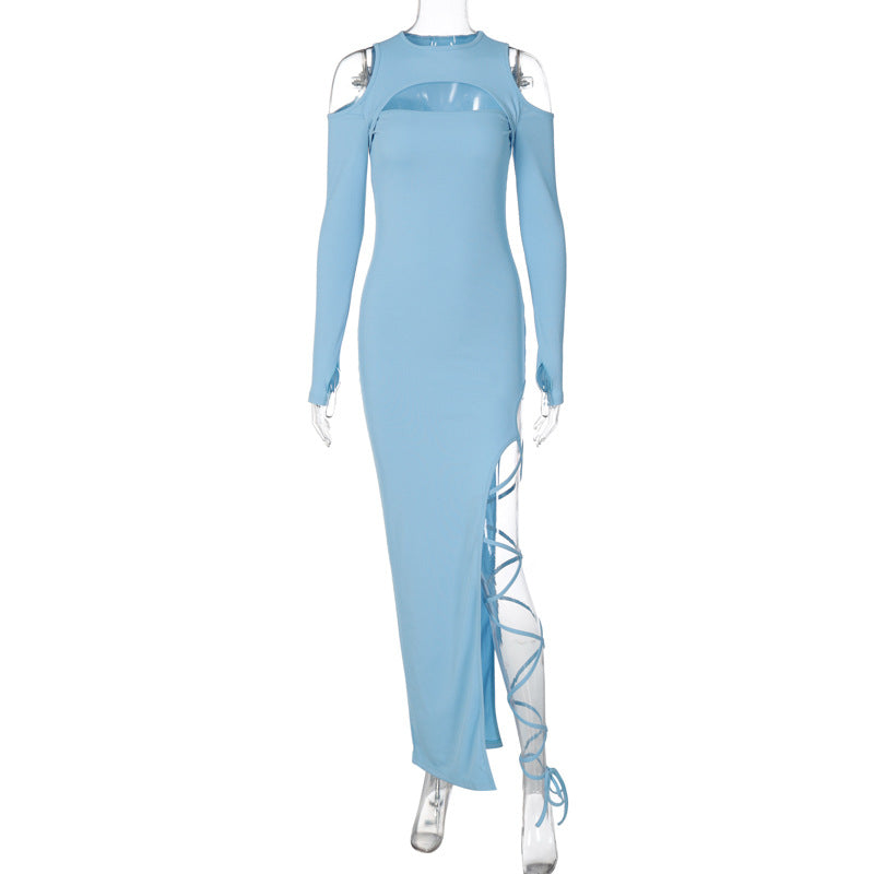 Women Sexy Solid Long Sleeve Hollow Slit Dress 13