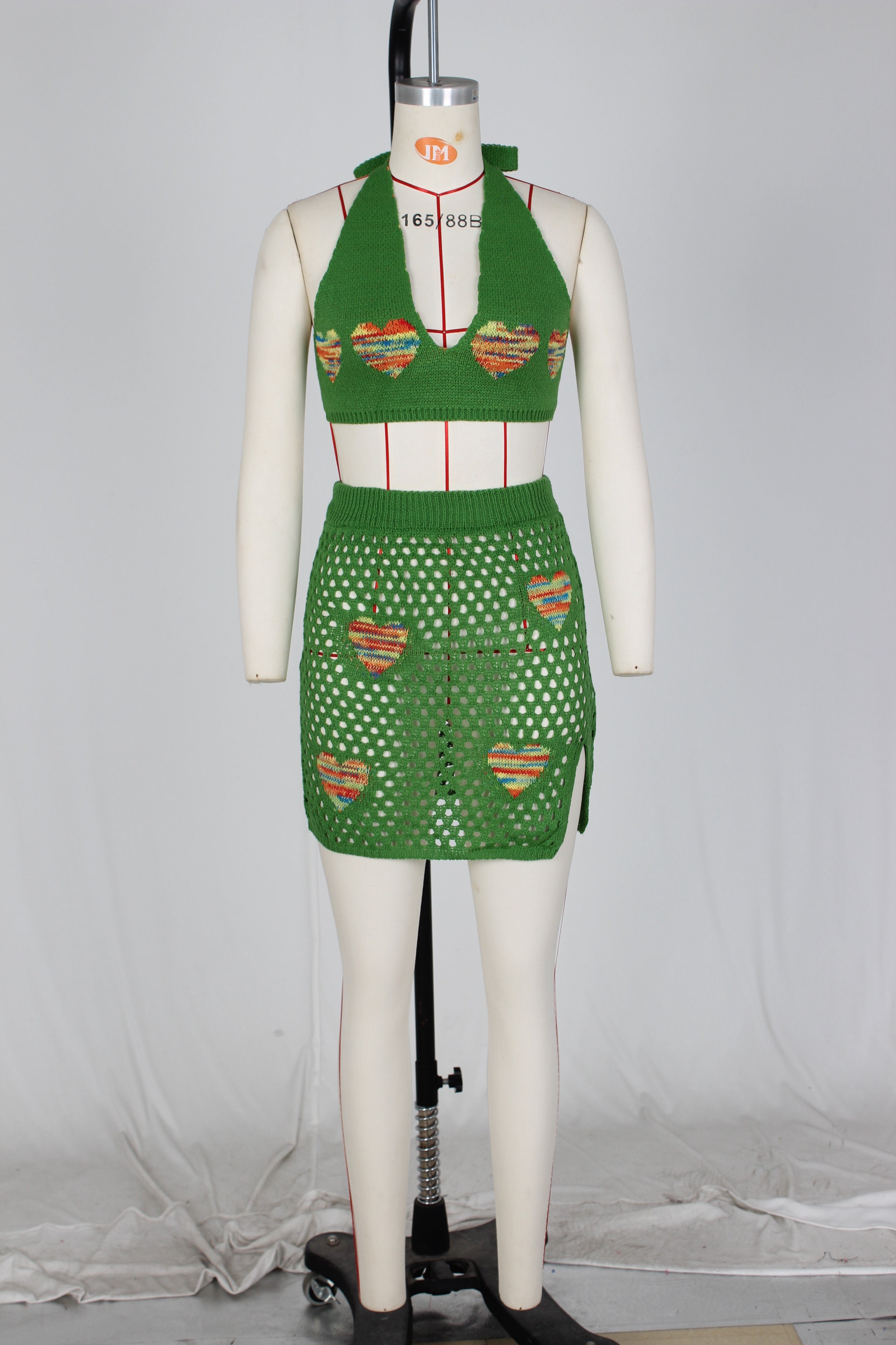 Women's Sexy Heart Print Jacquard Hollow Knitting Beach Fashion Two Piece Skirt Set 24