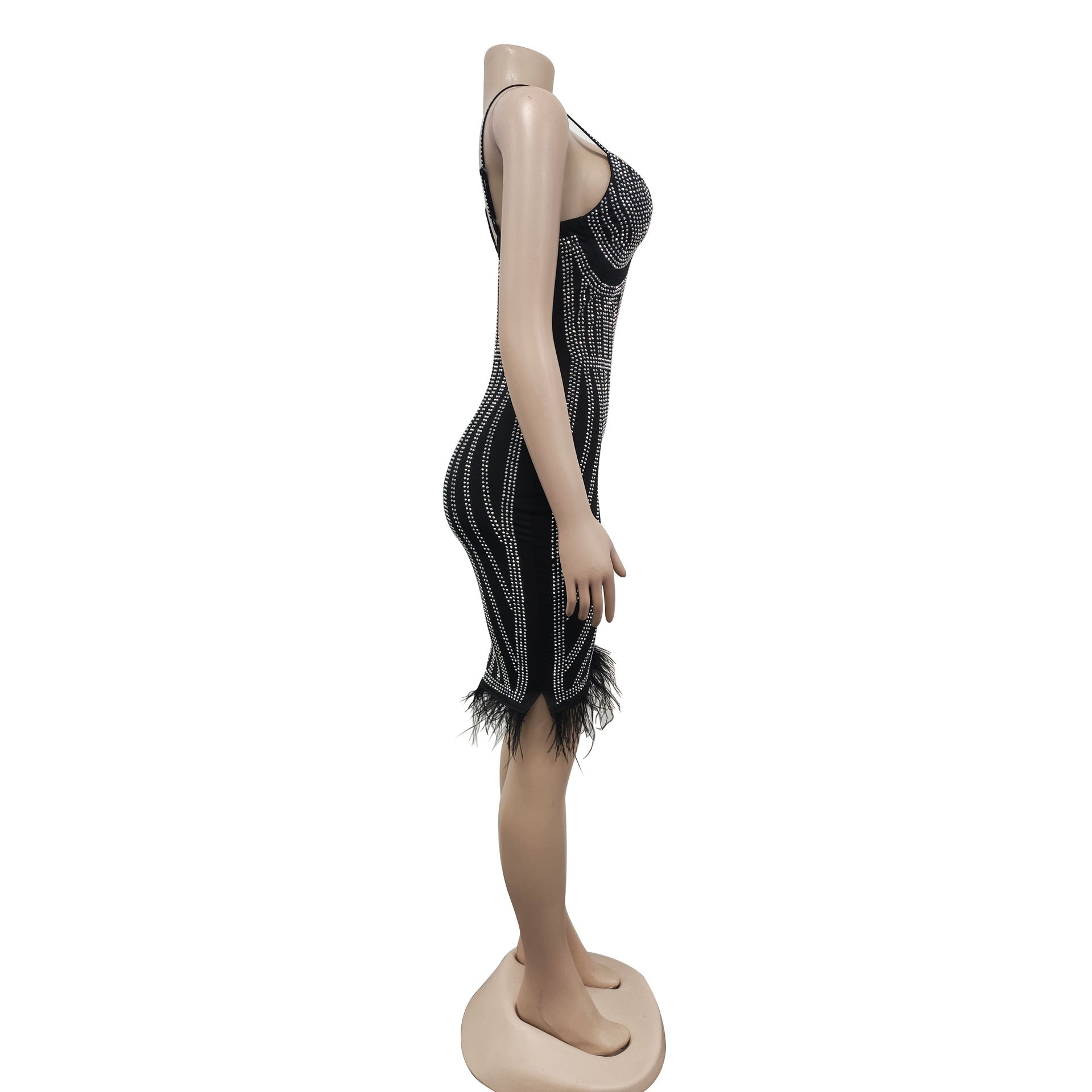 Women's Fashionable Sleeveless Beaded Feather Strap Club Dress 7