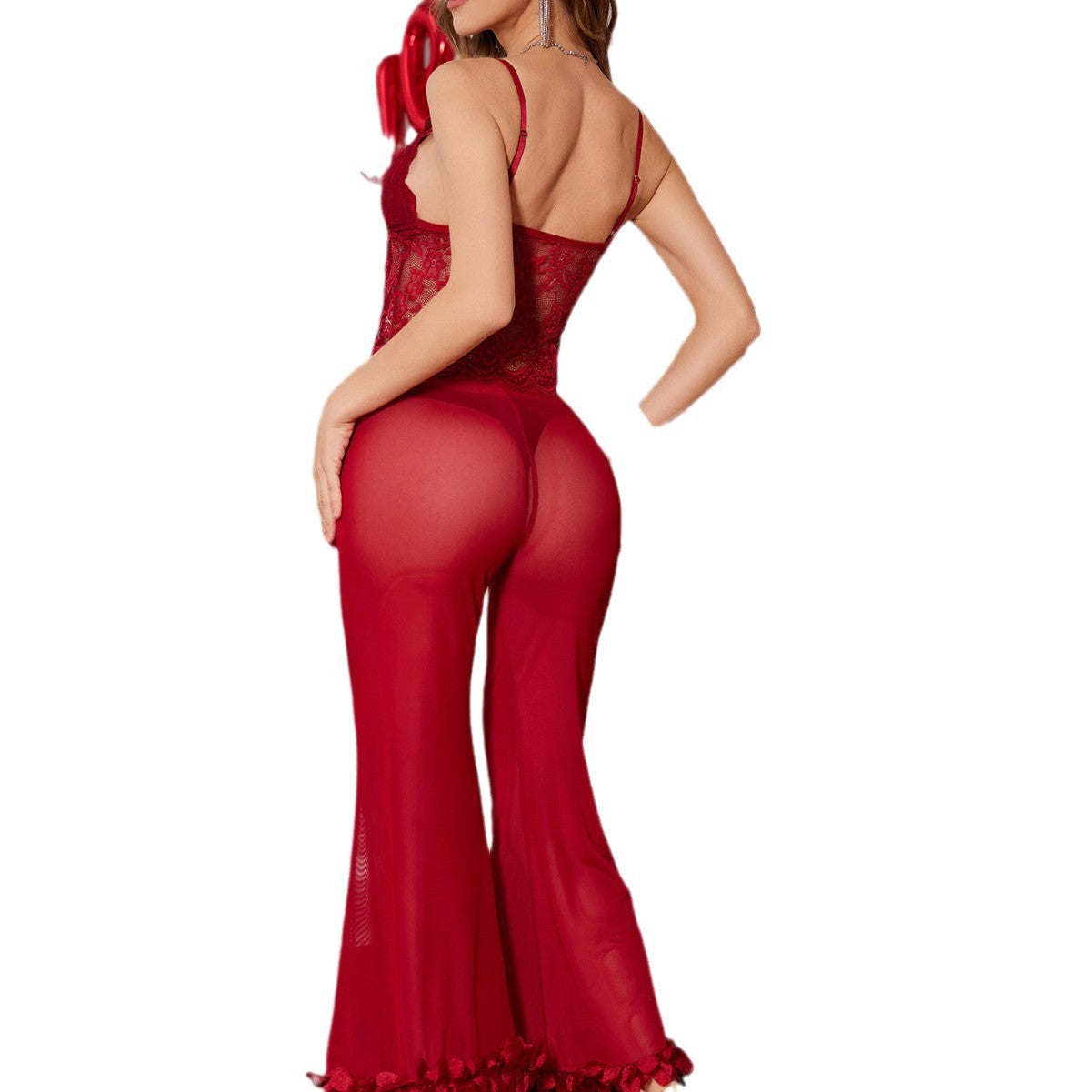 Erotic Lingerie Sexy Women See-Through Mesh Heart Print Pajamas Set Home Clothes 6