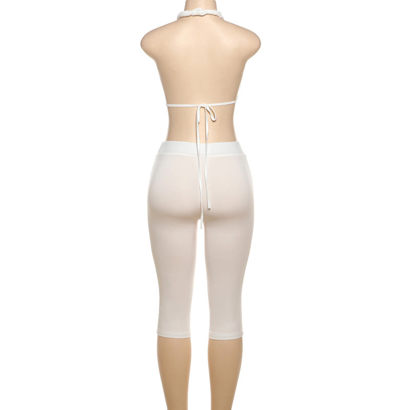 Fashionable and sexy Halter Neck Bra Top knee-length shorts sexy two piece set 9