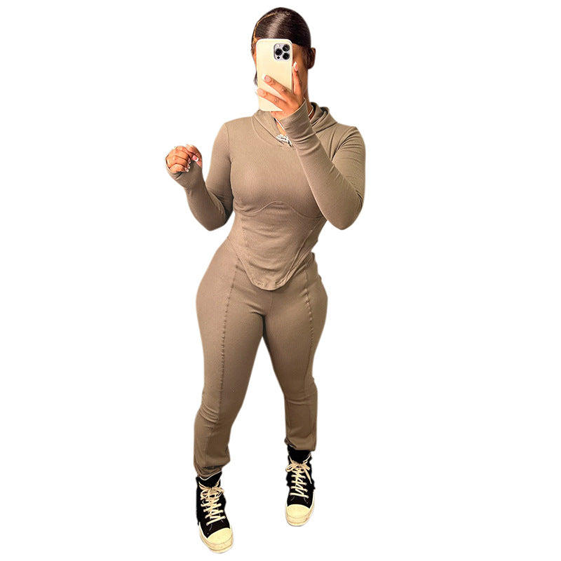 Women's Autumn And Winter Tight Fitting Hooded Long Sleeve Top And Pants Casual Two Piece Set 6