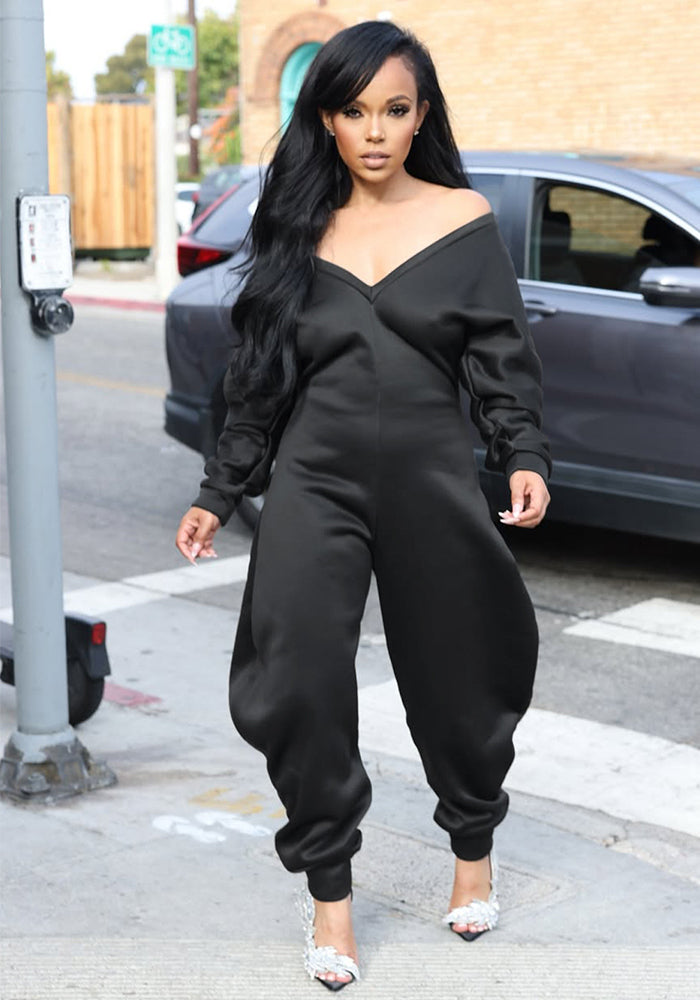 Women's Autumn Winter Solid Color V-Neck Sexy Long Sleeve Jumpsuit
