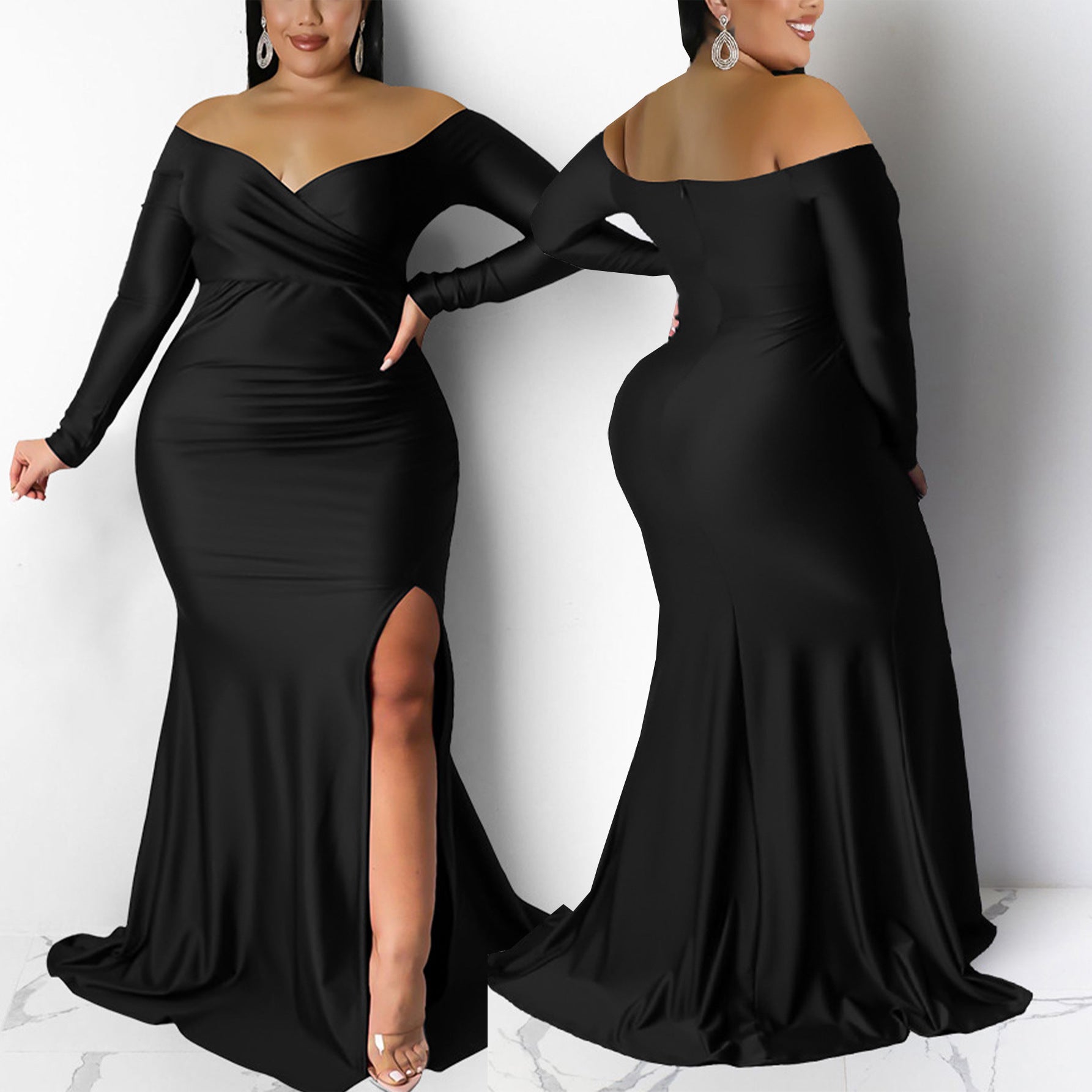 Autumn And Winter Plus Size Women's Sexy Solid Color V-Neck Split Long Dress