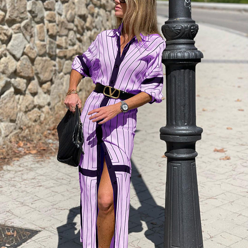 Women Spring Turndown Collar Long Sleeve Striped Dress