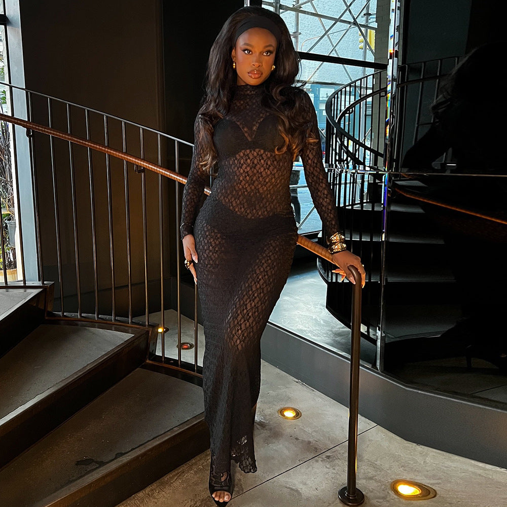 Autumn And Winter Sexy Long Sleeve Round Neck See-Through Lacemesh Women Long Dress 5