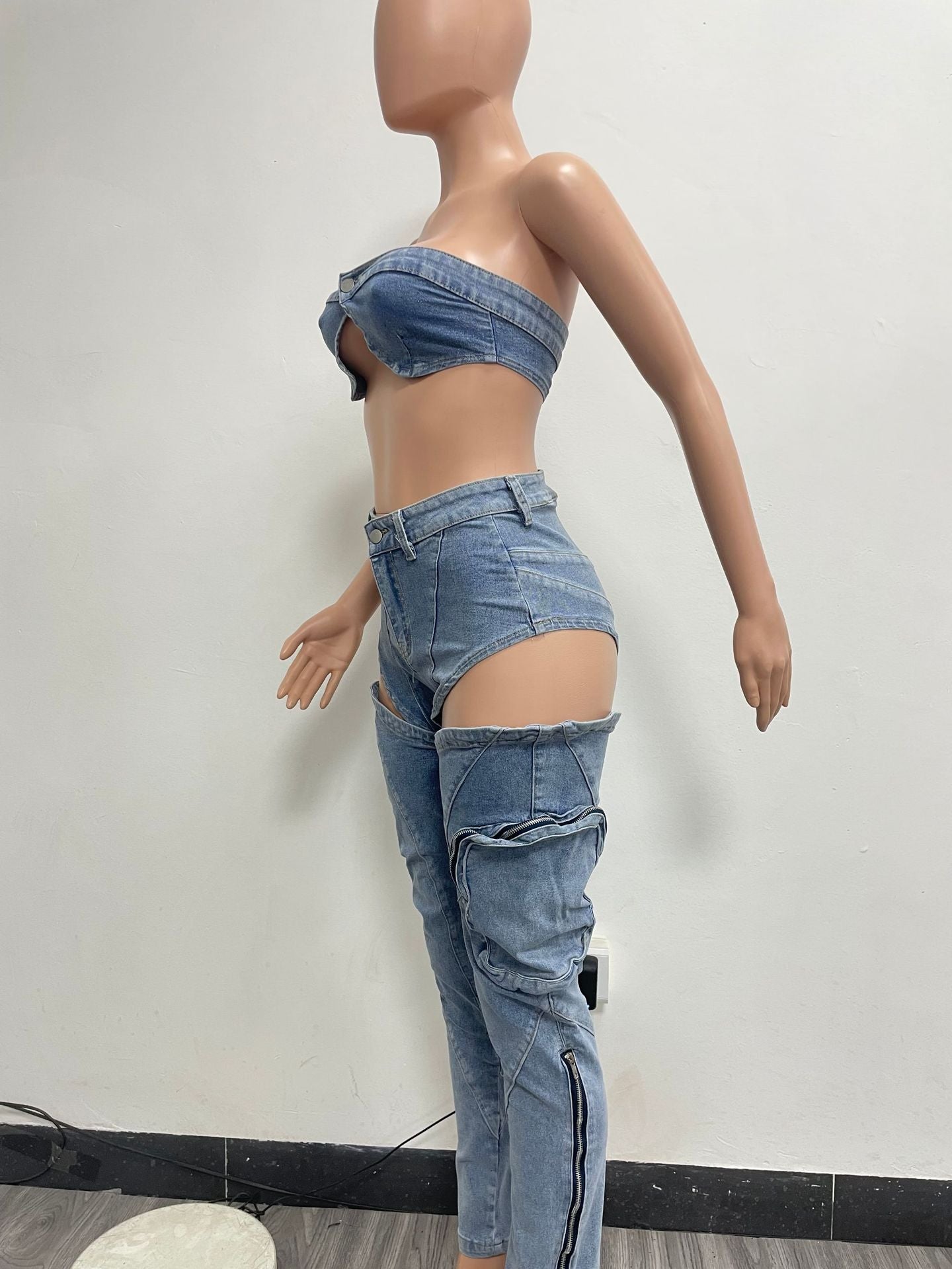 Women washed elastic denim split zipper pocket chest wrap and sexy denim pants set 8