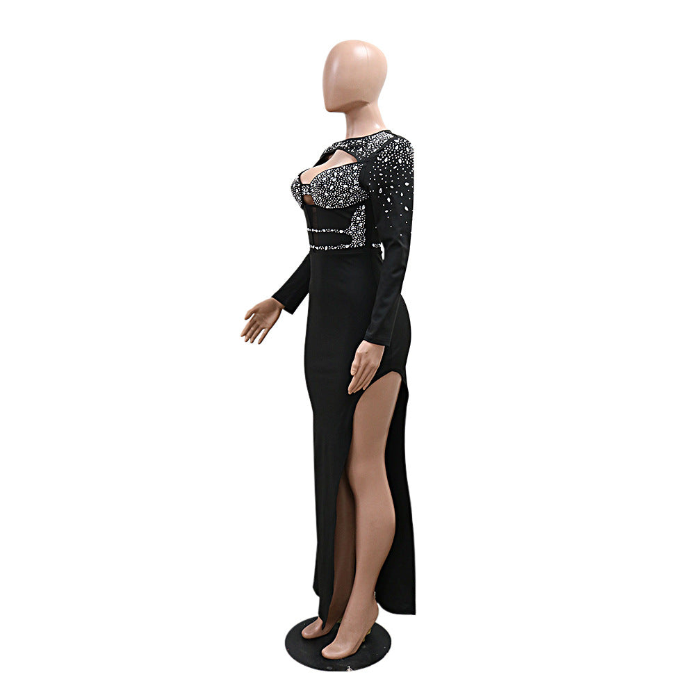 Women Round Neck Long Sleeve Beaded Hollow High Slit Dress 9