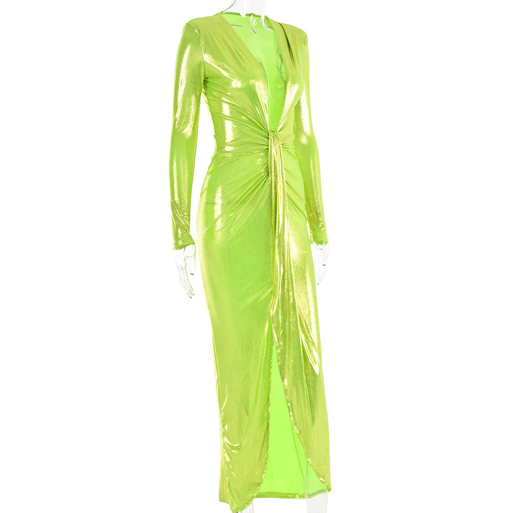 Sexy Chic V-Neck Long Sleeve Patchwork Pleated Leather Dress 13