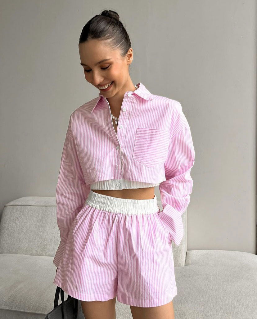 Fashion Casual Women Summer Striped Long Sleeve Shirt Elastic Waist Shorts Two-Piece Set 4
