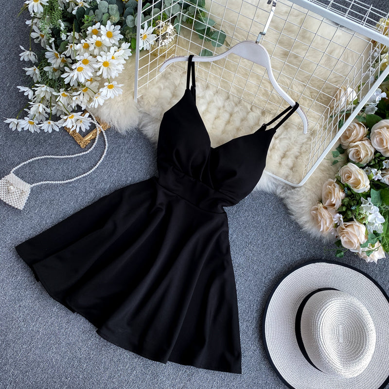 Spring Feminine V-Neck Low Back Slim Waist High Waist Slim Fit Solid Color Straps Basic A-Line Dress 16