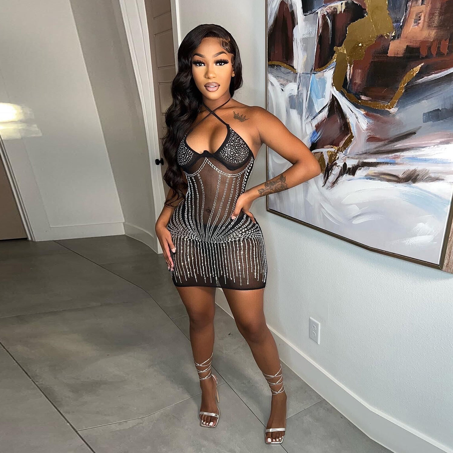 Women Summer Sexy Straps Beaded Mini Bodycon Dress 6