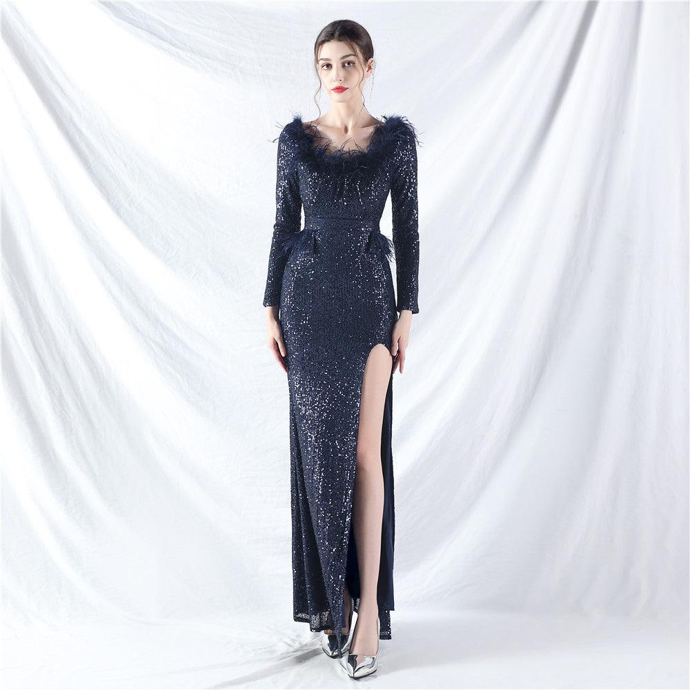Women ostrich feather long-sleeved sequined evening dress 5