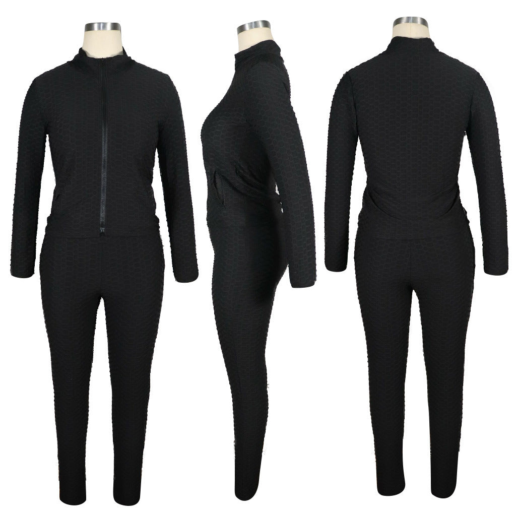 Women's Stand Collar Hoodless Jacquard High Stretch Fabric Long Sleeve Pant Set Two Piece 11