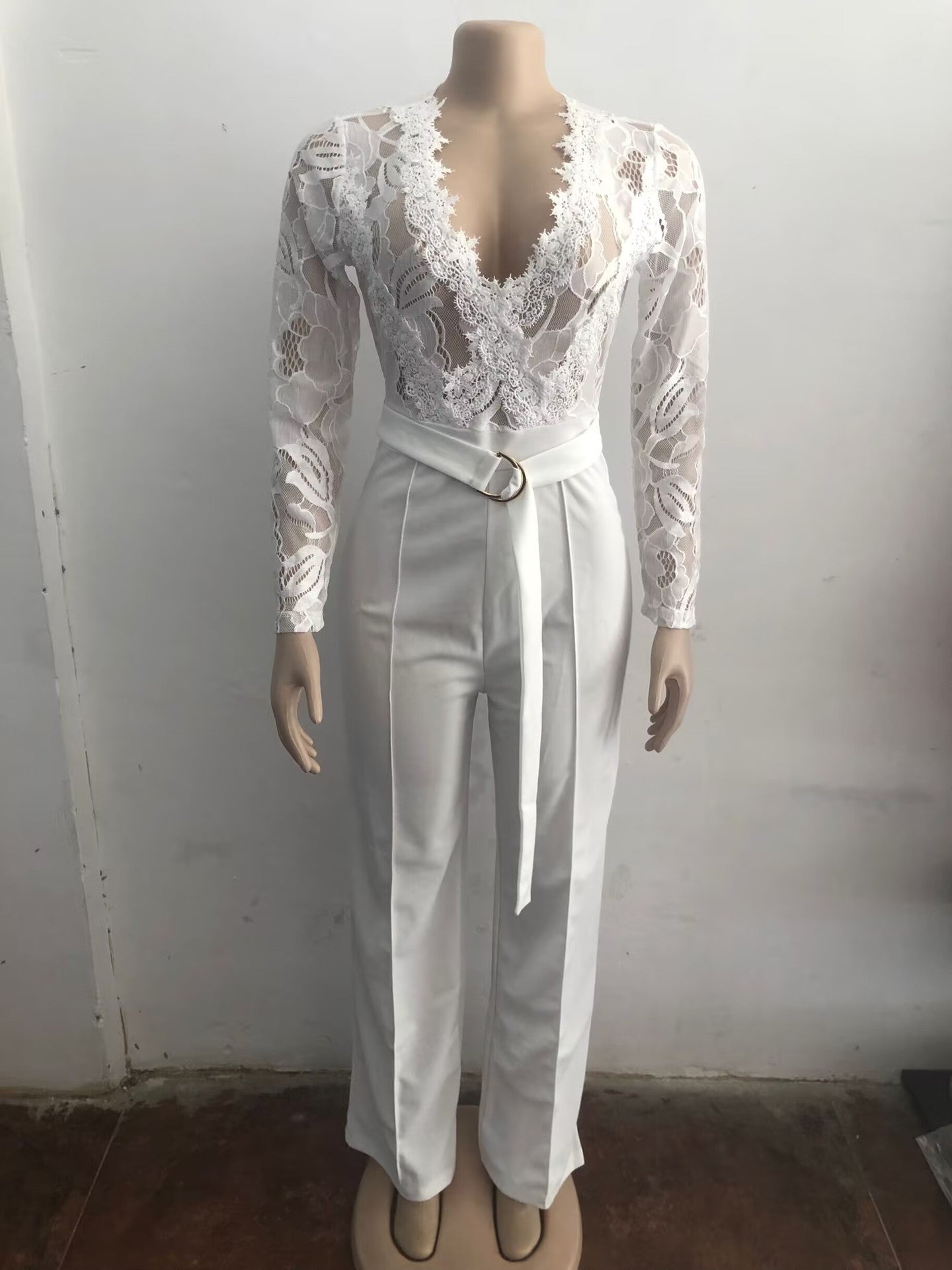 Women Lace Patchwork Long-Sleeved Casual Wide-Leg Jumpsuit 8