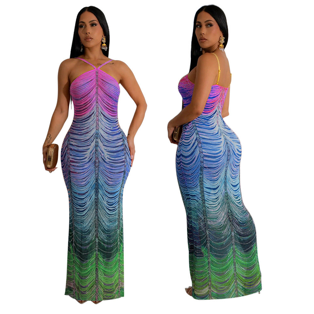 Women's Printed Fashion Sexy Slim Beaded Long Dress