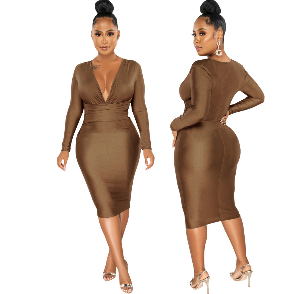 Women Sexy Solid Shiny Long Sleeve V-Neck Dress 8