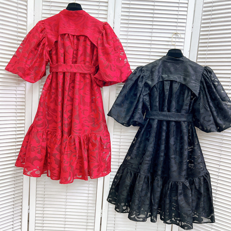 Women Round Neck Vintage Jacquard Puff Sleeve Casual Belt Dress 7