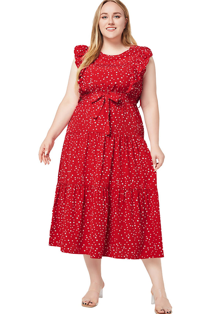 Plus Size Women Summer Round Neck Ruffle Sleeveless Polka Dot Dress