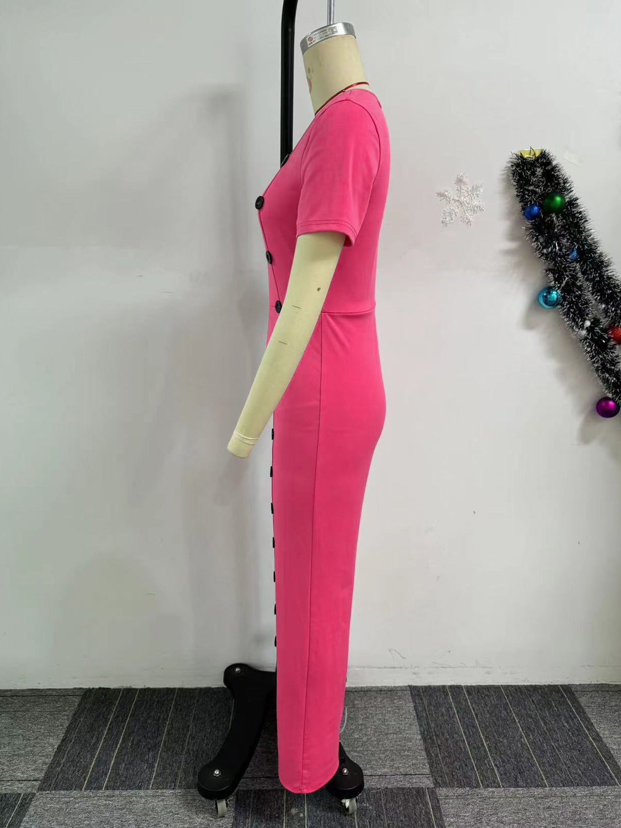 Irregular Neckline Slim Waist Button Wide Leg Jumpsuit 7